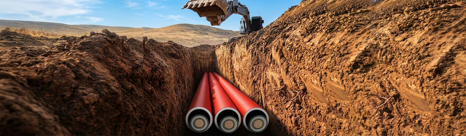 Drei rote Rohre liegen in einem Graben. In den Rohren sind große Kabel zu erkennen.