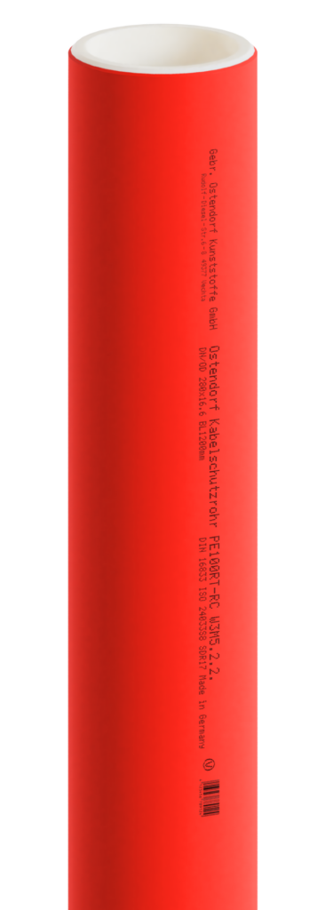 Das Bild zeigt ein rotes Kabelschutzrohr, innen weiß und außen mit schwarzem Schriftzug.