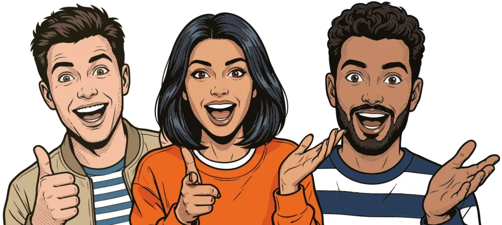 Drei Comicfiguren, die junge Menschen zeigen